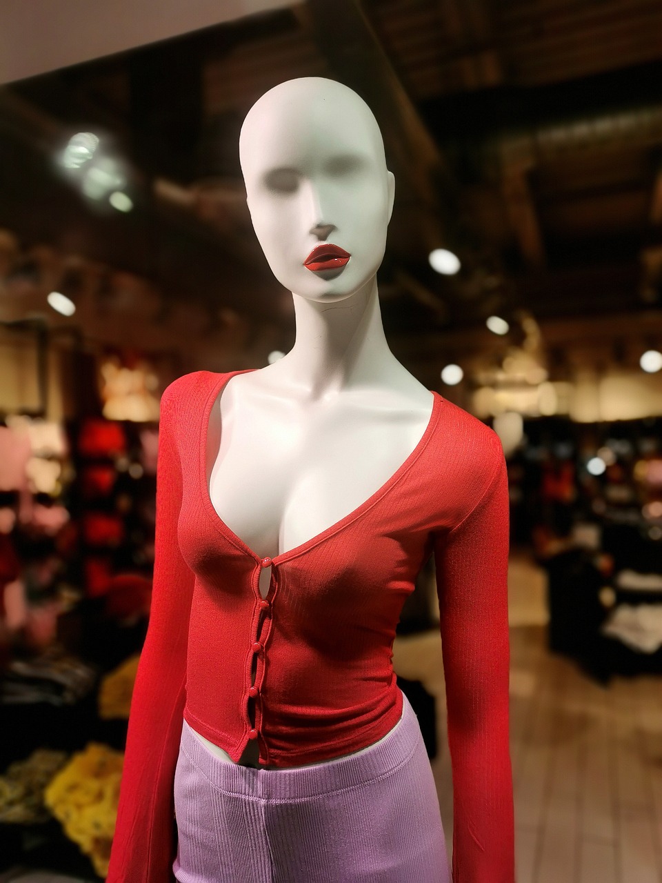 a mannequin wearing a red top in a store, by Arthur Sarkissian, trending on pexels, figuration libre, breasts covered and sfw, smooth white tight clothes suit, beautiful shape of face and body, unusual composition