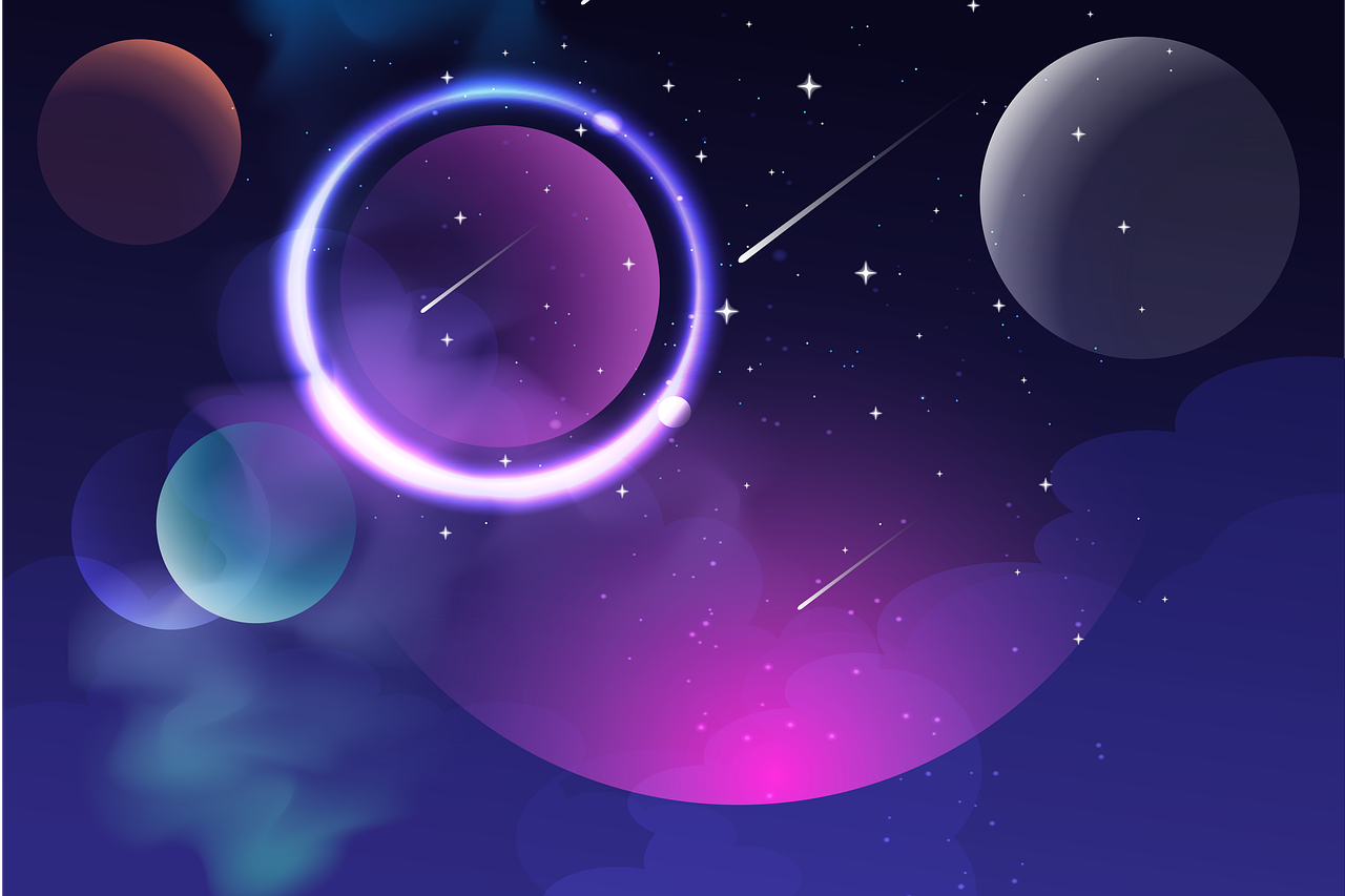 an image of a space scene with planets and stars, an illustration of, shutterstock, space art, night time dark with neon colors, mobile game style, abstract black hole in space, violet planet