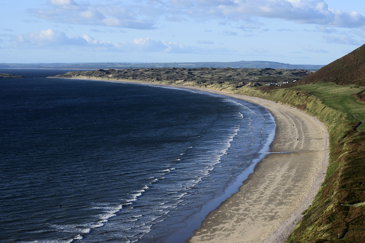 a view of a beach from the top of a hill, by John Murdoch, pixabay, scotland, wide long shot, closeup - view, bottom angle