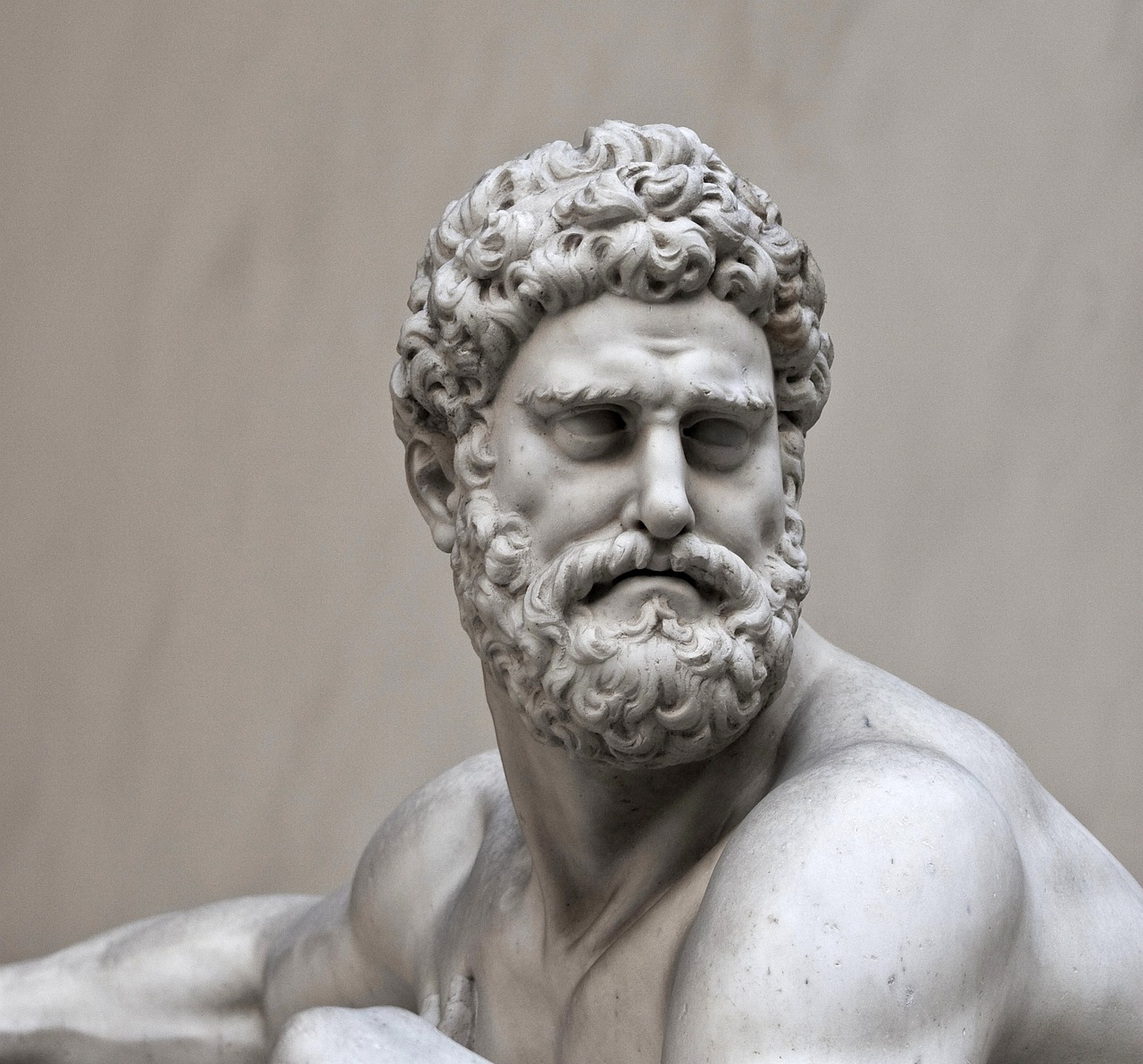 a close up of a statue of a man with a beard, a marble sculpture, inspired by Exekias, pexels contest winner, hulk like physique, pompous expression, gray men, guido