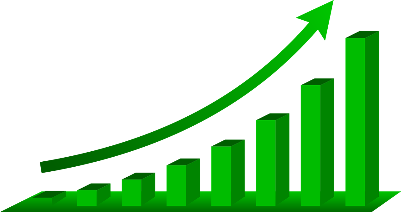 a green bar chart with an arrow going up, trending on pixabay, economic boom, curve, artists rendition, tail raised