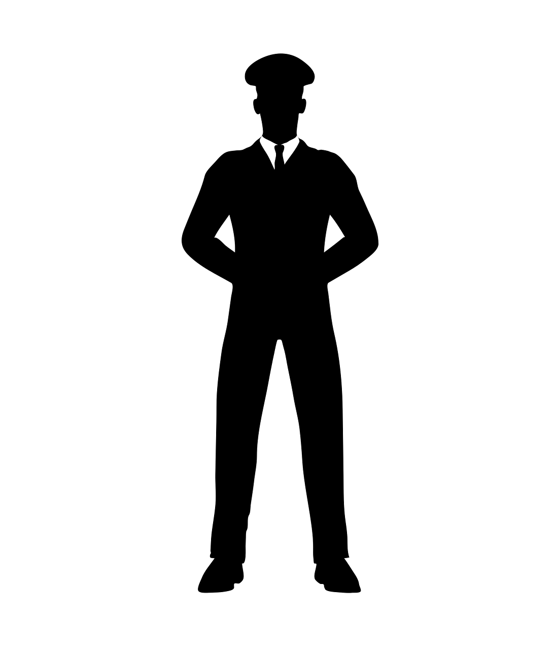 a black and white silhouette of a man in a suit and tie, a stock photo, pixabay, traffic police woman, it is the captain of a crew, full body with costume, no - text no - logo