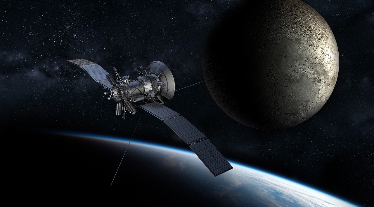 an artist's rendering of a satellite with a moon in the background, shutterstock, space art, blackened space, obsidian globe, ariel view, 3 ds max