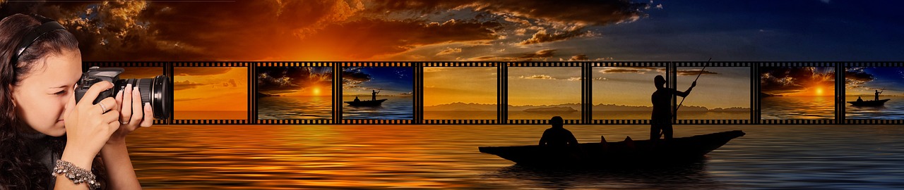 a woman taking a picture of a man in a boat, a picture, inspired by roger deakins, pixabay contest winner, video art, film strip reel showing 9 frames, ((sunset)), ilustration, cinematic. by leng jun