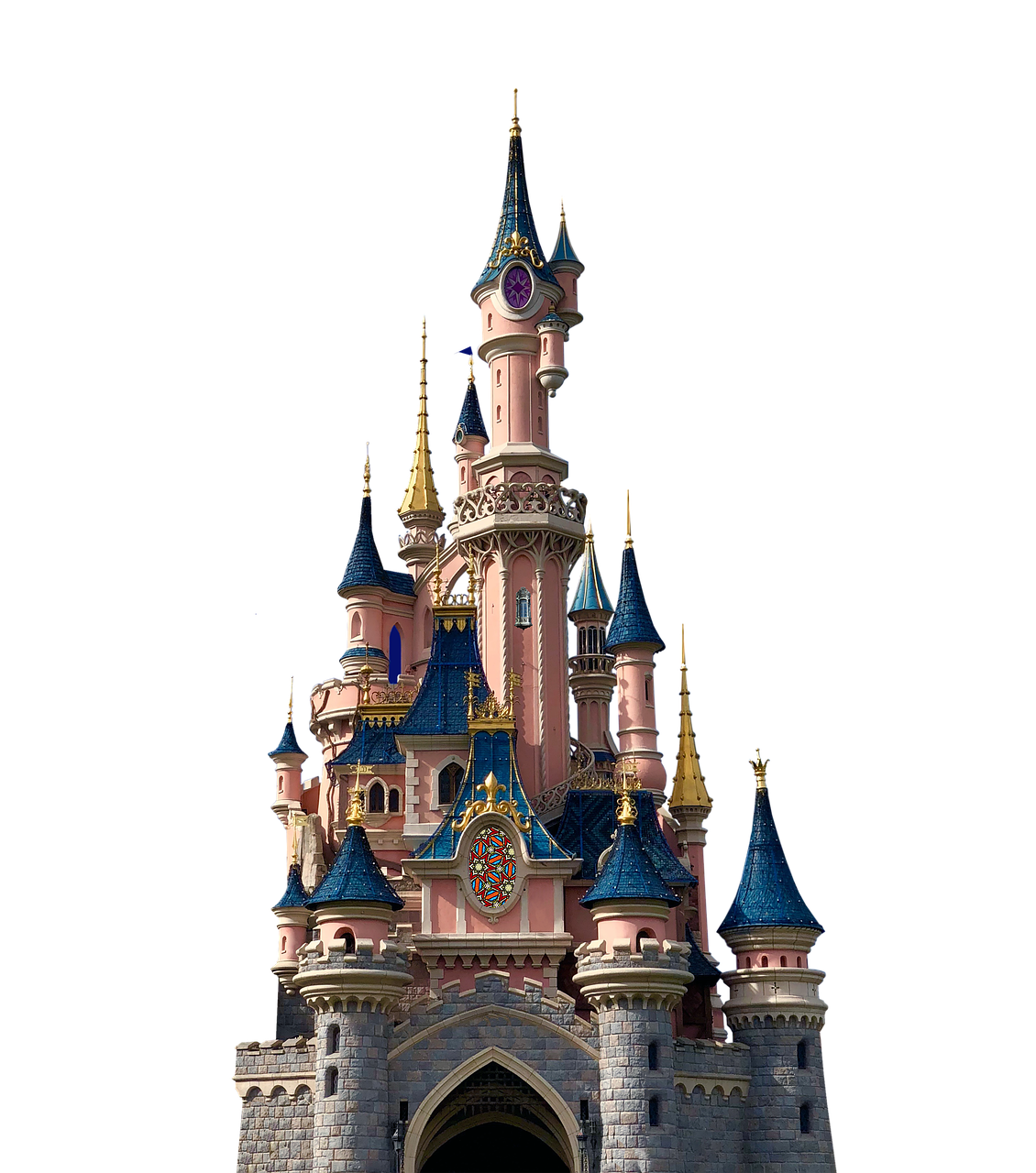 a pink and blue castle sitting on top of a lush green field, a detailed matte painting, by Walt Disney, shutterstock, art nouveau, extremely detailed frontal angle, nighttime!!, disneyland as backdrop, symmetrical crown