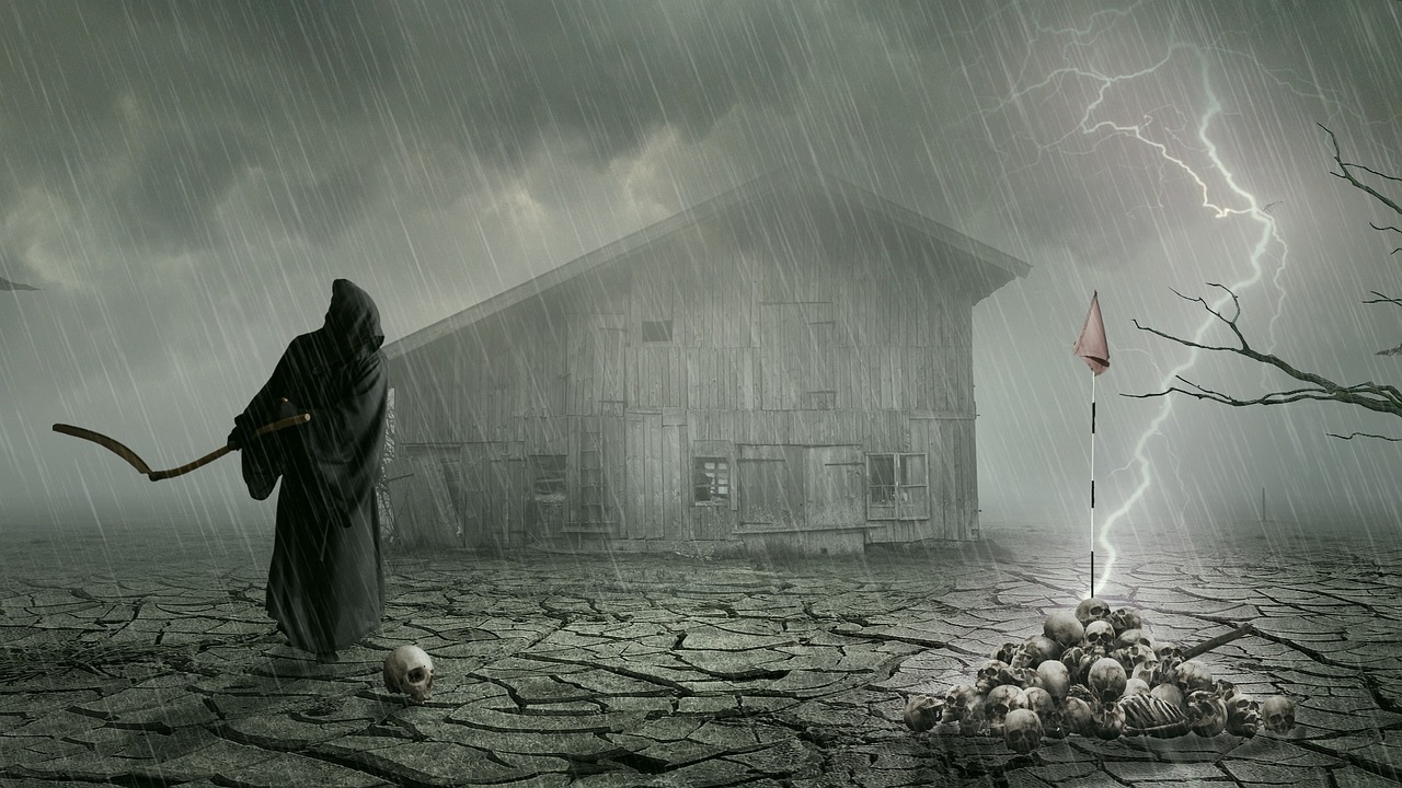 a man with a scythe standing in front of a barn, a matte painting, by Artur Tarnowski, conceptual art, tears in the rain, mourning family, witch hut, very very unsettling