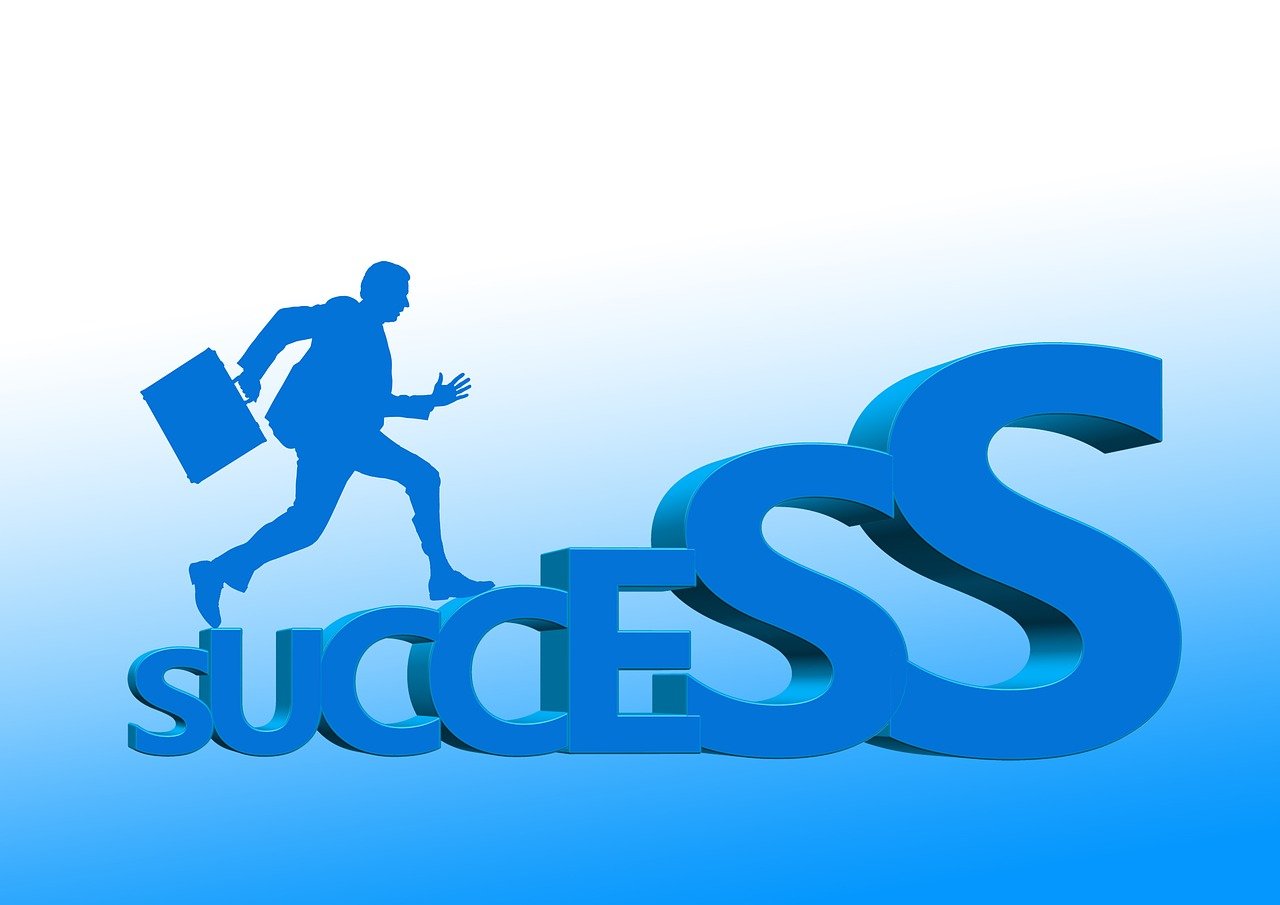a man is walking over the word success, an illustration of, by Julian Allen, pixabay, happening, blue background, siluette, people running, white background : 3