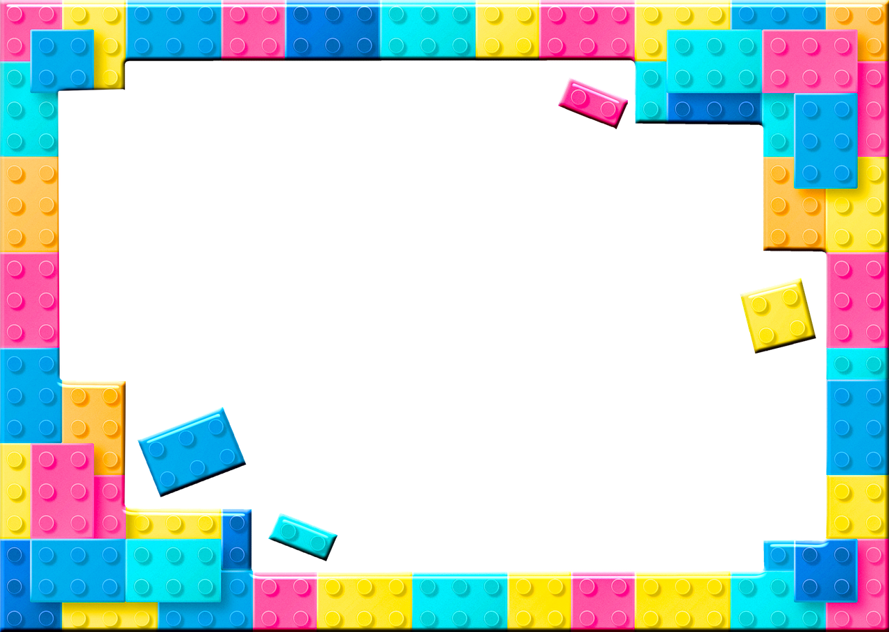 a frame made out of lego blocks on a black background, digital background, blue black pink, white border and background, mall background