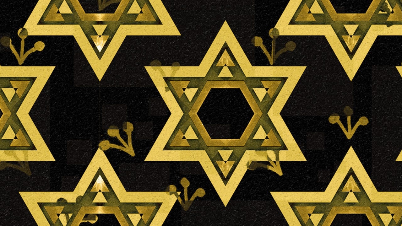 a star of david on a black background, inspired by Israel Tsvaygenbaum, accented in bright metallic gold, wallpaper design, wesley kimler, digital collage