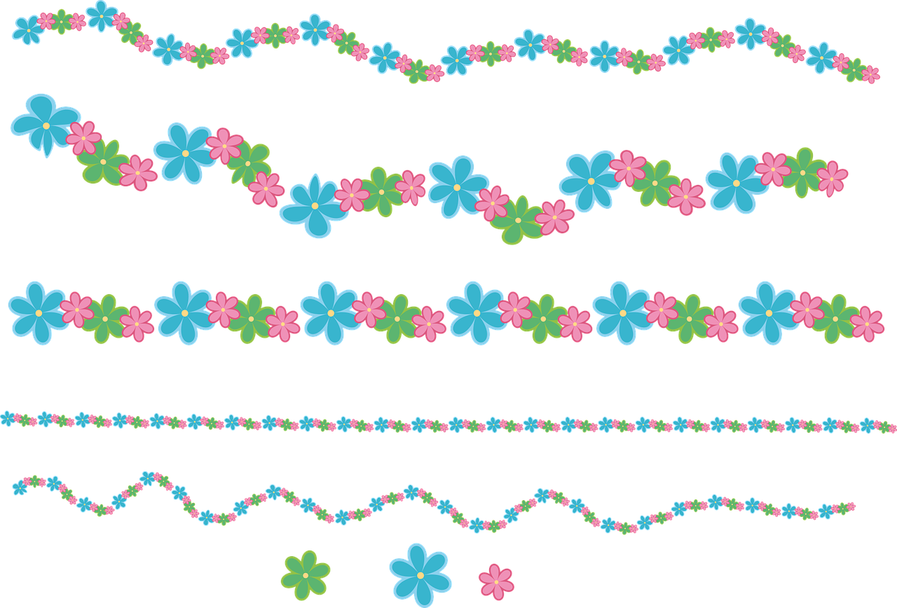 a bunch of different colored flowers on a black background, a digital rendering, sōsaku hanga, decorative lines, seasons!! : 🌸 ☀ 🍂 ❄, blue and pink colors, units