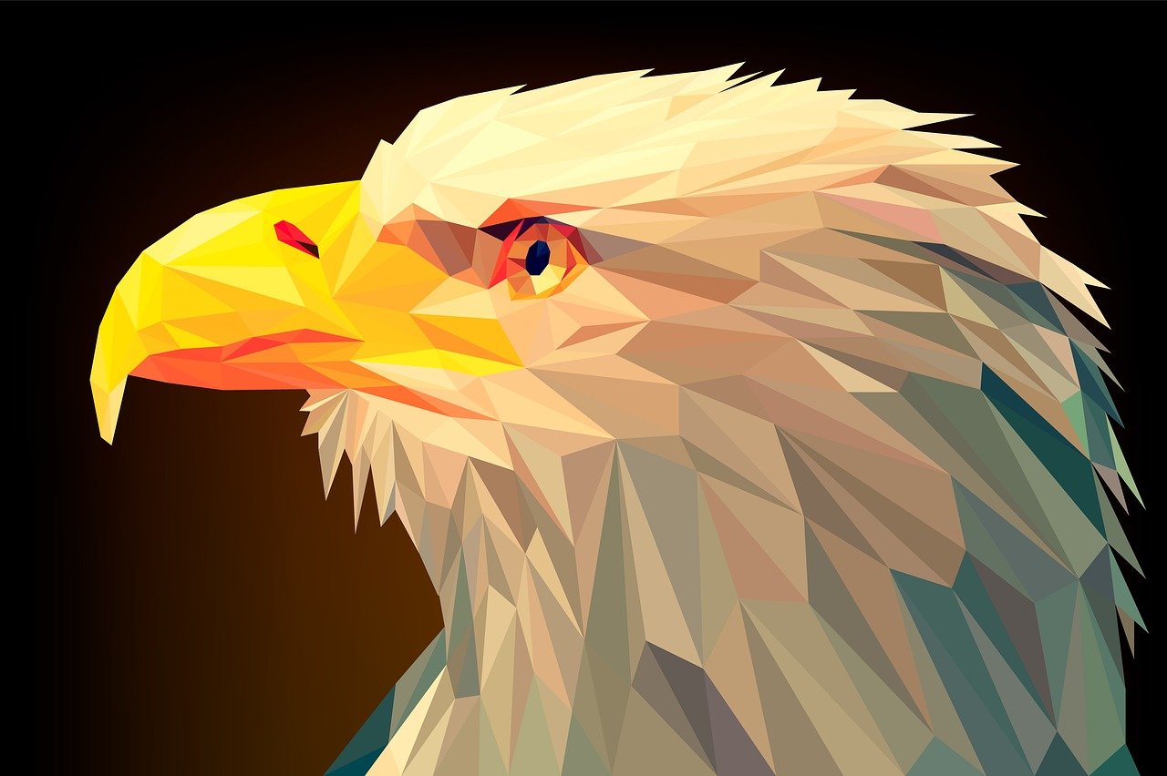 a close up of a bird of prey, vector art, shutterstock, digital art, low poly 3d model, bald eagle, cubism style, spangled