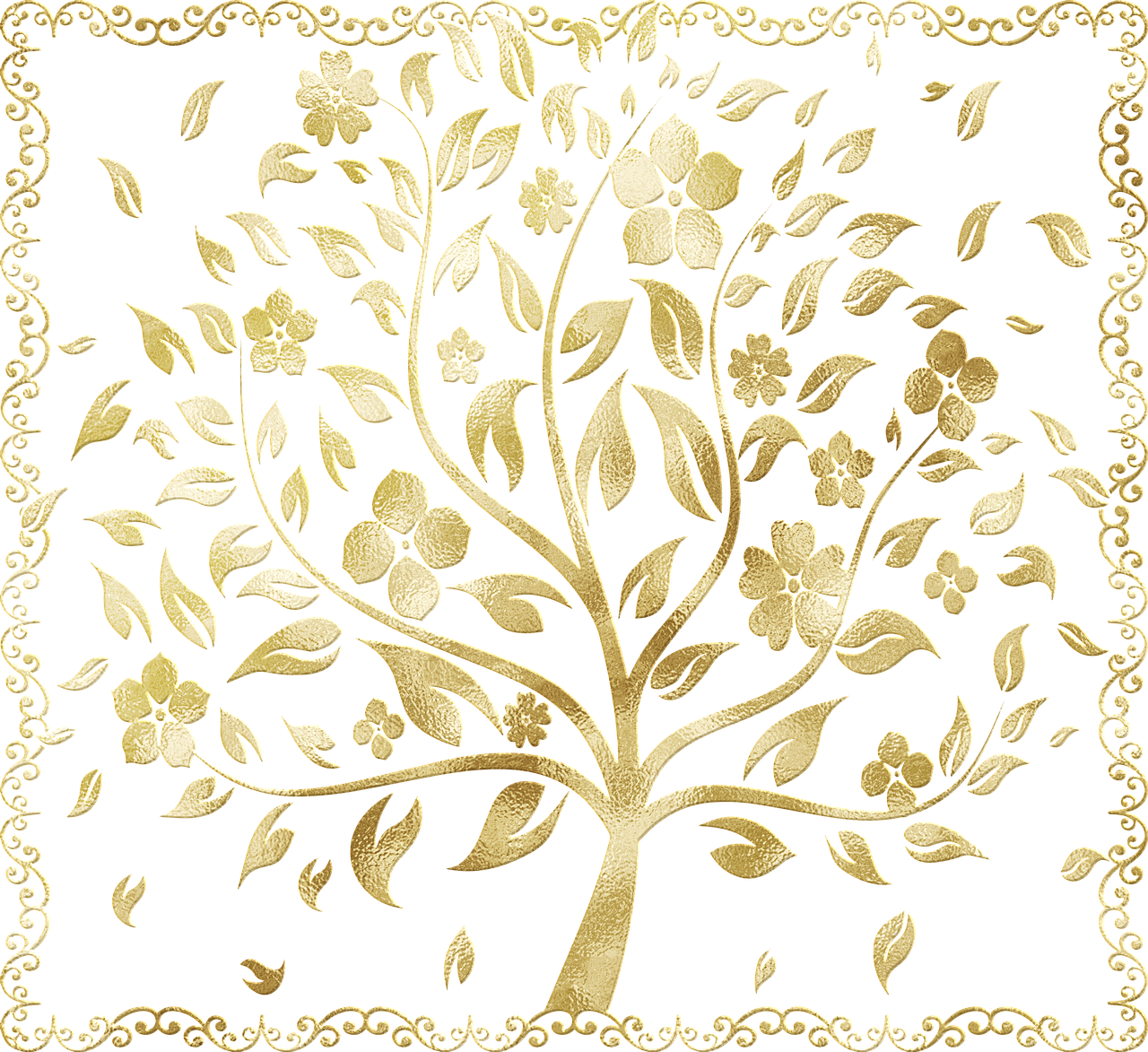 a golden tree of life on a black background, a digital rendering, inspired by Master of the Embroidered Foliage, shutterstock, art nouveau, decorative border, persian folkore illustration, golden background with flowers, under the soft shadow of a tree