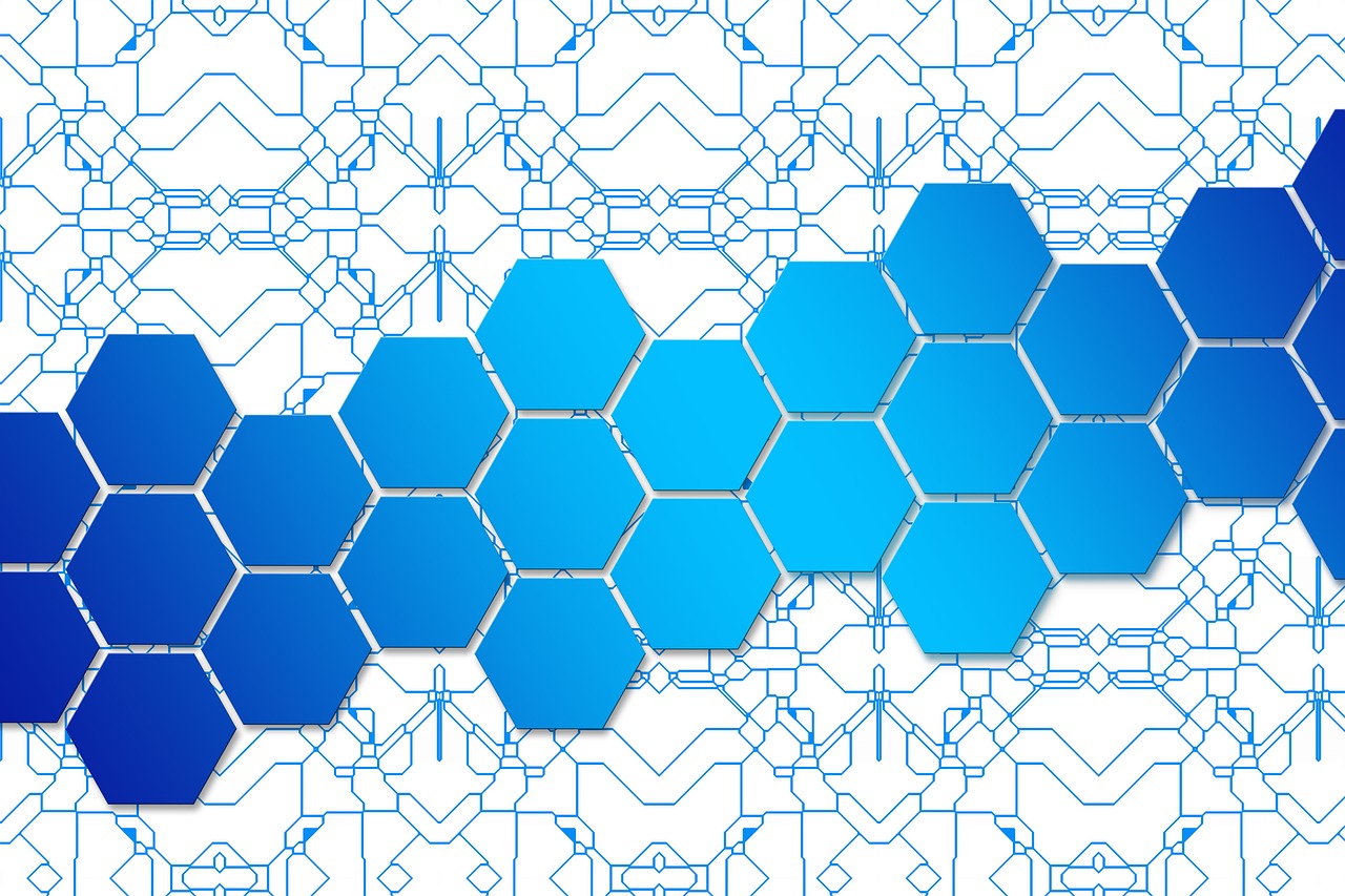 a bunch of blue hexagons on a white background, inspired by Buckminster Fuller, trending on pixabay, generative art, executive industry banner, architecture blueprint copy, line - art, dna