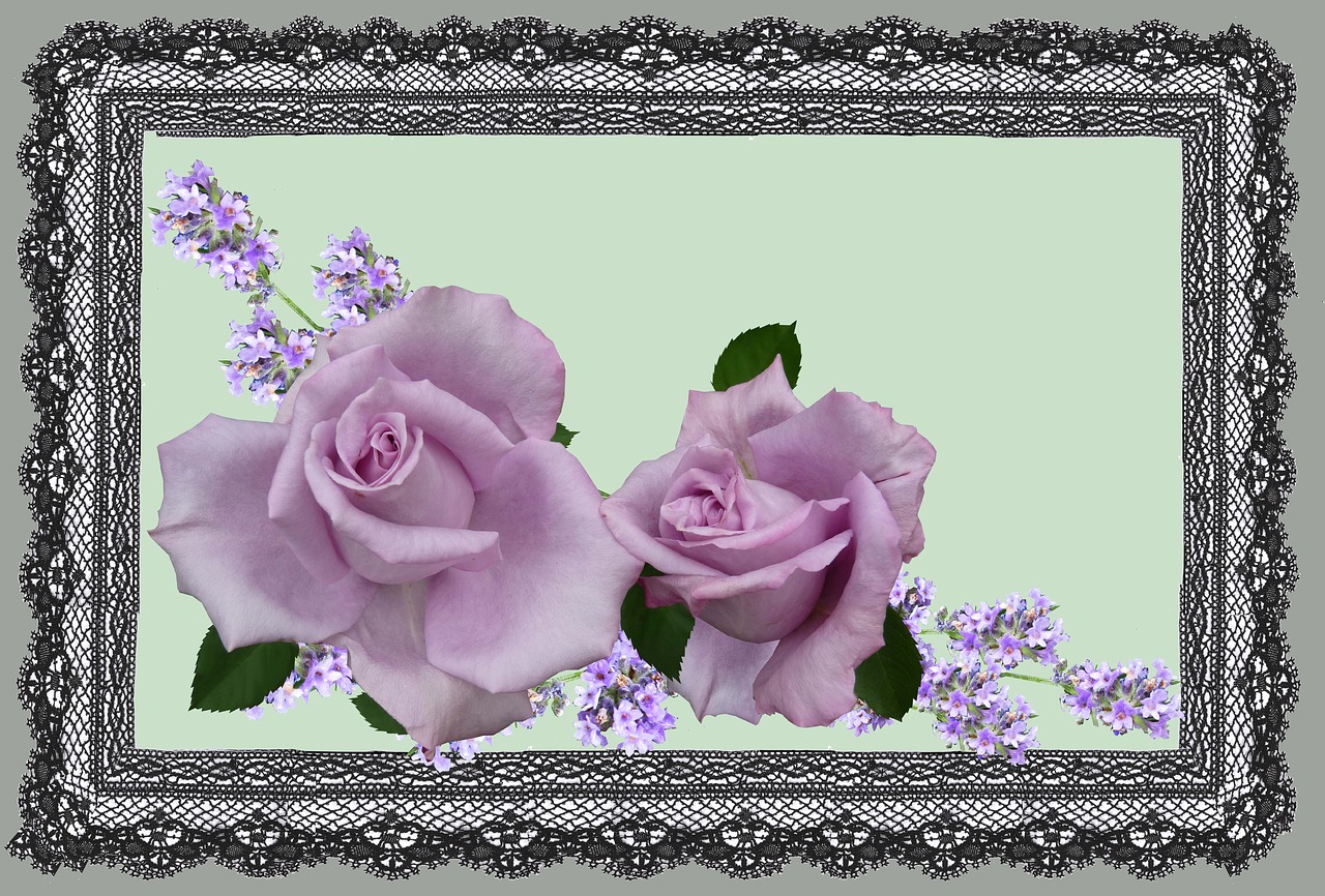 a picture of two purple roses in a lace frame, a digital rendering, flickr, flowery wallpaper, sage, long, an ai generated image
