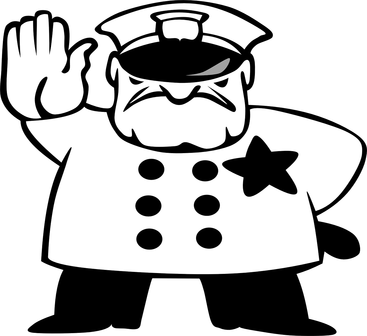 a black and white image of a chef waving, by Andrei Kolkoutine, pixabay, digital art, brave police j decker face, big bad, police station, colonel sanders
