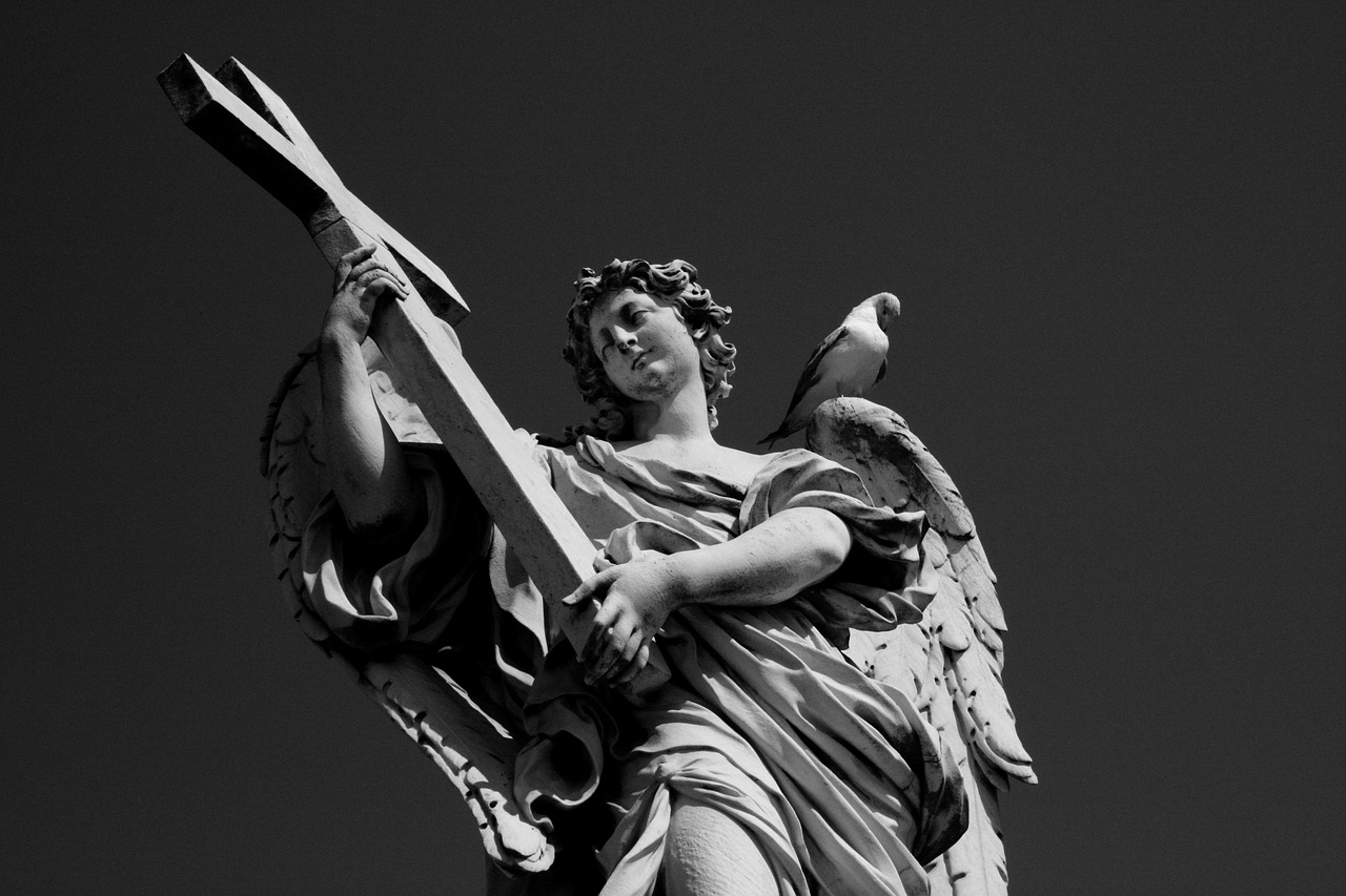 a statue of an angel holding a pair of scissors, a statue, inspired by Gian Lorenzo Bernini, pexels contest winner, black-and-white, looking to the sky, orazio gentileschi style, wikimedia commons