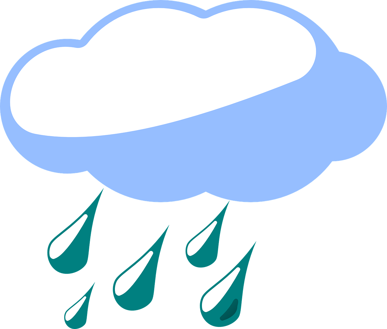 a cloud with rain drops coming out of it, a cartoon, by Odhise Paskali, pixabay, clouds on ground!!!!!, tempera, blank, teals