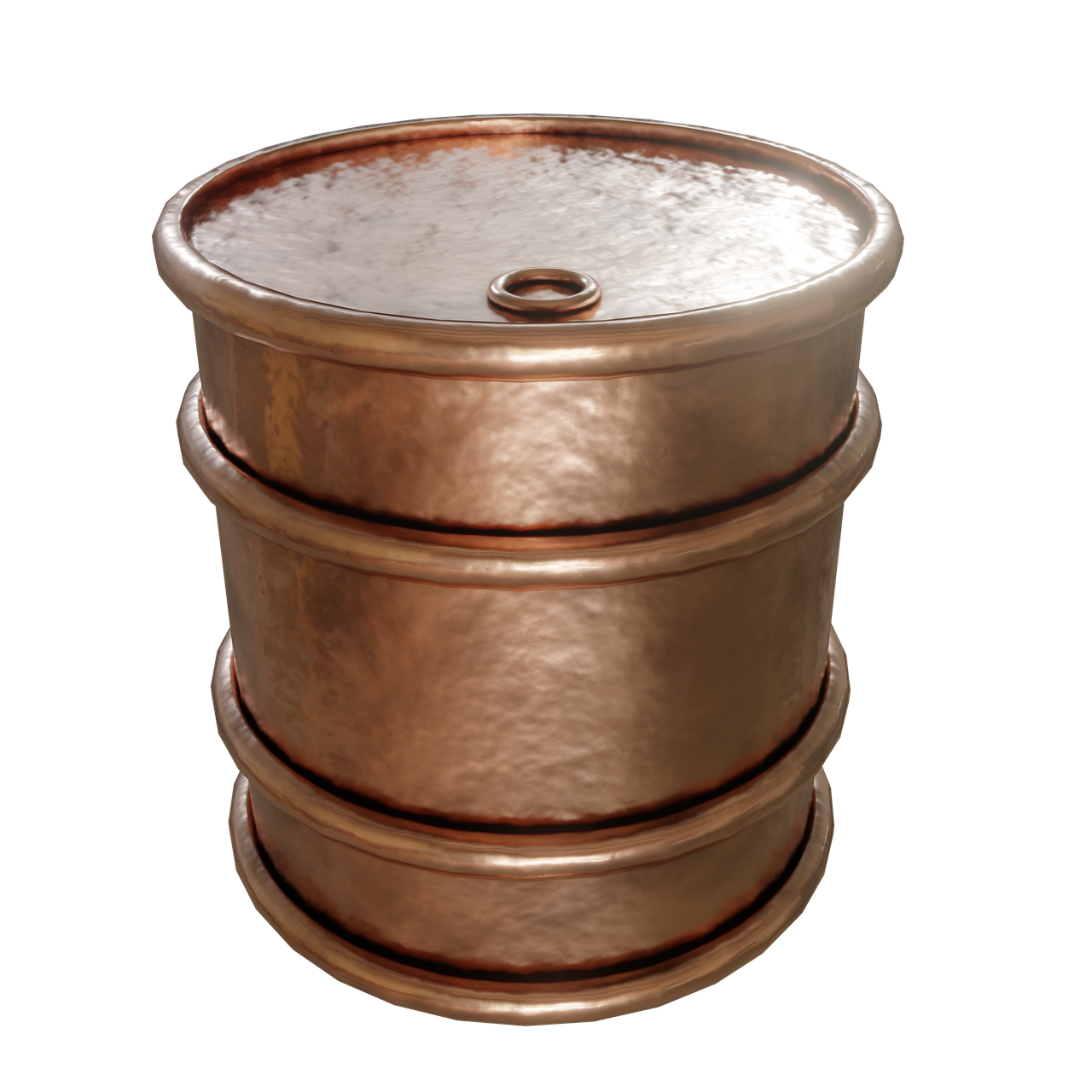 three copper pots stacked on top of each other, a raytraced image, by John La Gatta, trending on polycount, trash barrels, made of oil and water, bottom angle, metal lid