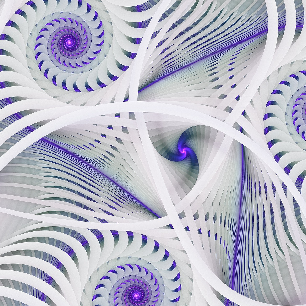 a computer generated image of a spiral design, digital art, inspired by Lorentz Frölich, purple eyes and white dress, lattice, silver and cool colors, orton effect intricate
