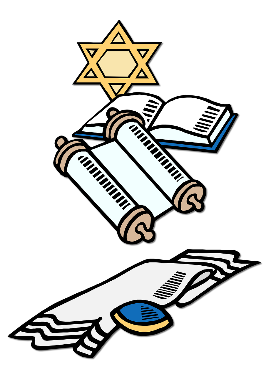an open book with a star of david above it, an illustration of, pixabay, discarded scrolls, triptych, cartoon style illustration, on a flat color black background