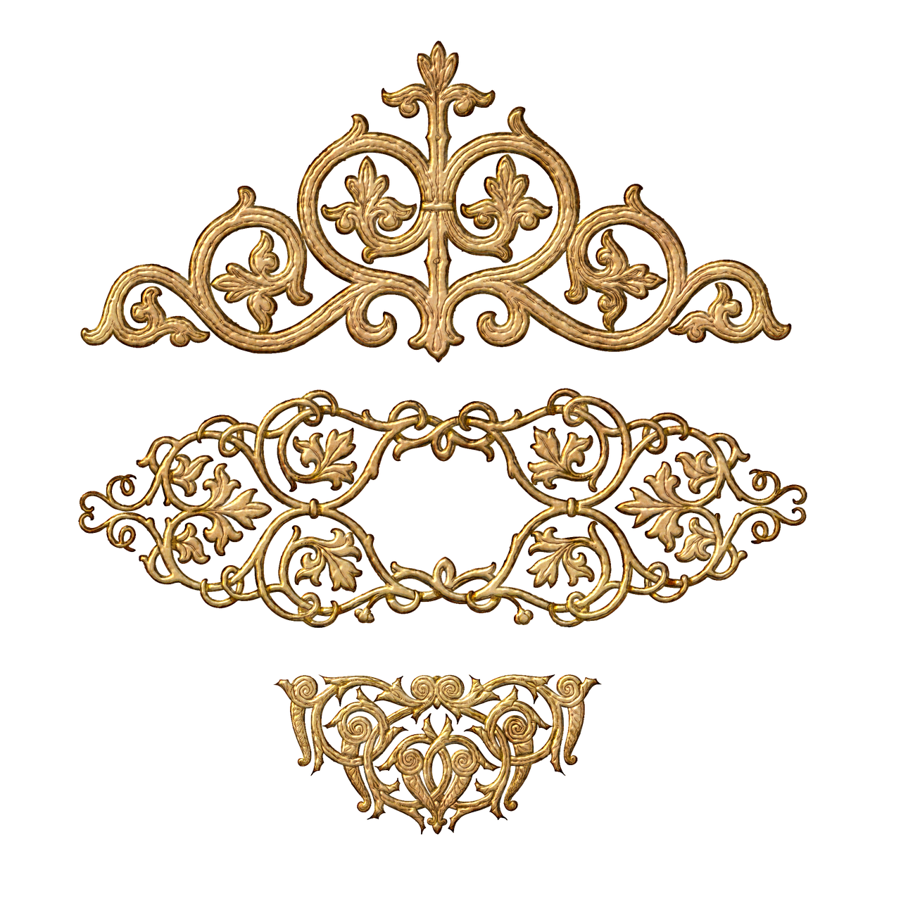 a set of ornate designs on a black background, a digital rendering, baroque, golden circlet, highly detailed texture render, embroidery, ancient crown