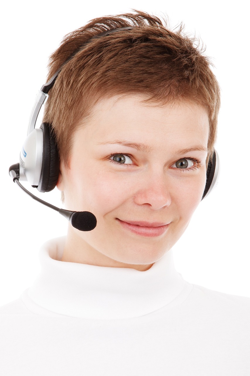 a close up of a person wearing a headset, a photo, sales, feminine looking, white background, excellent detail
