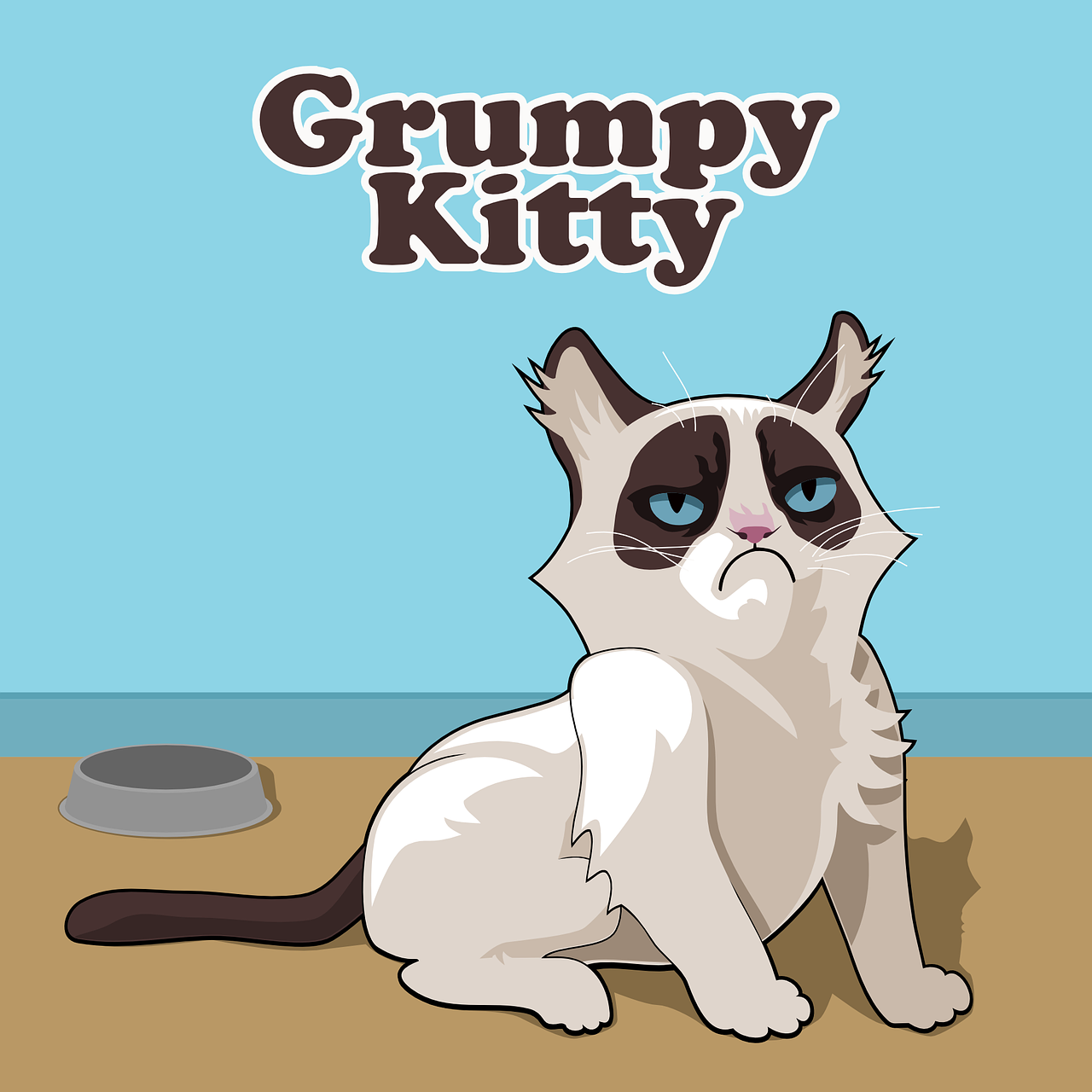 a grumpy kitty sitting next to a bowl of food, an illustration of, by Nyuju Stumpy Brown, shutterstock, furry art, vector illustration, mascot illustration, poster illustration, family guy style