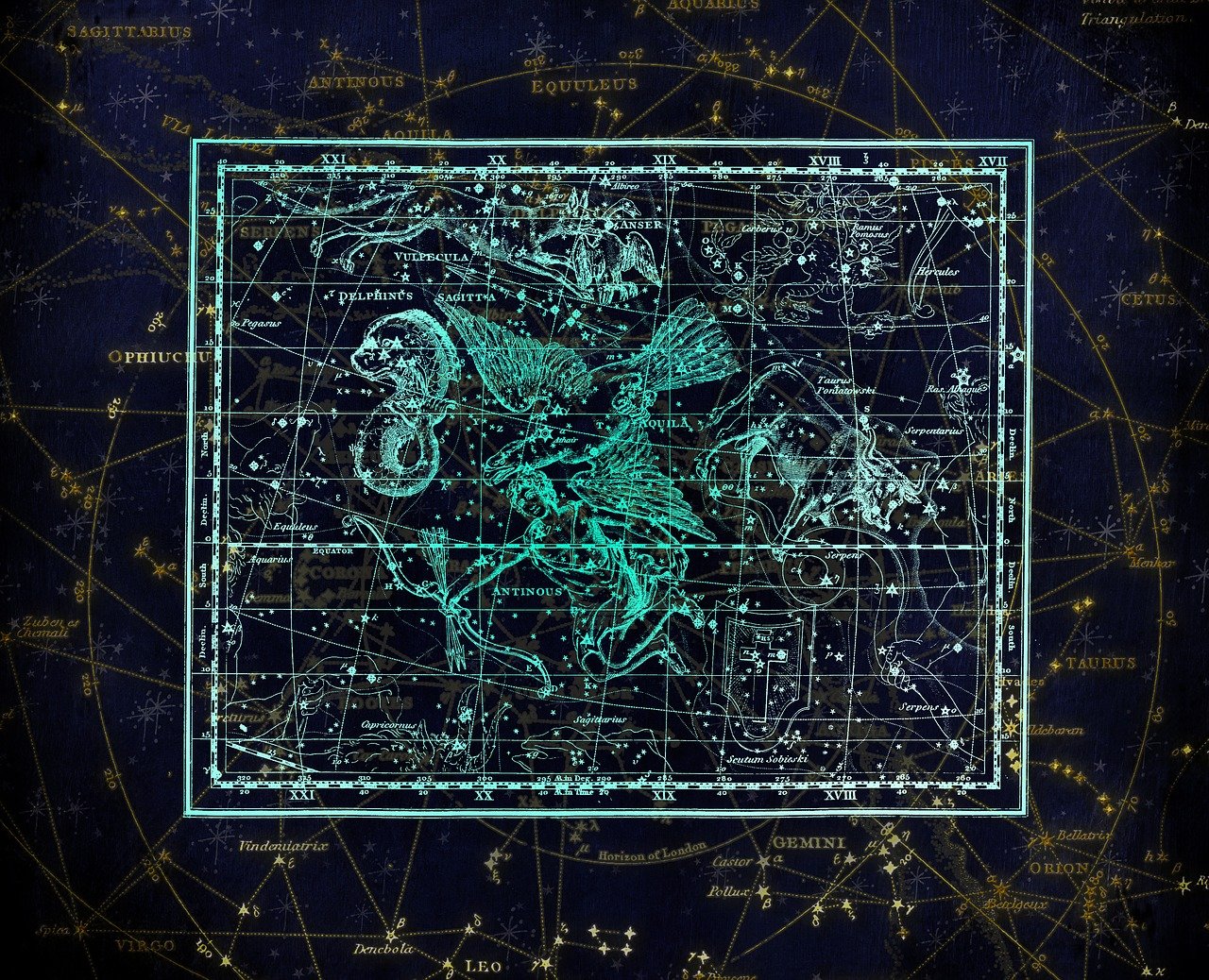 a close up of a map of the night sky, a digital rendering, by Caroline Mytinger, shutterstock, digital art, great mystical winged serpent, unknown zodiac sign, blueprint schematics, old-fashioned tarot card