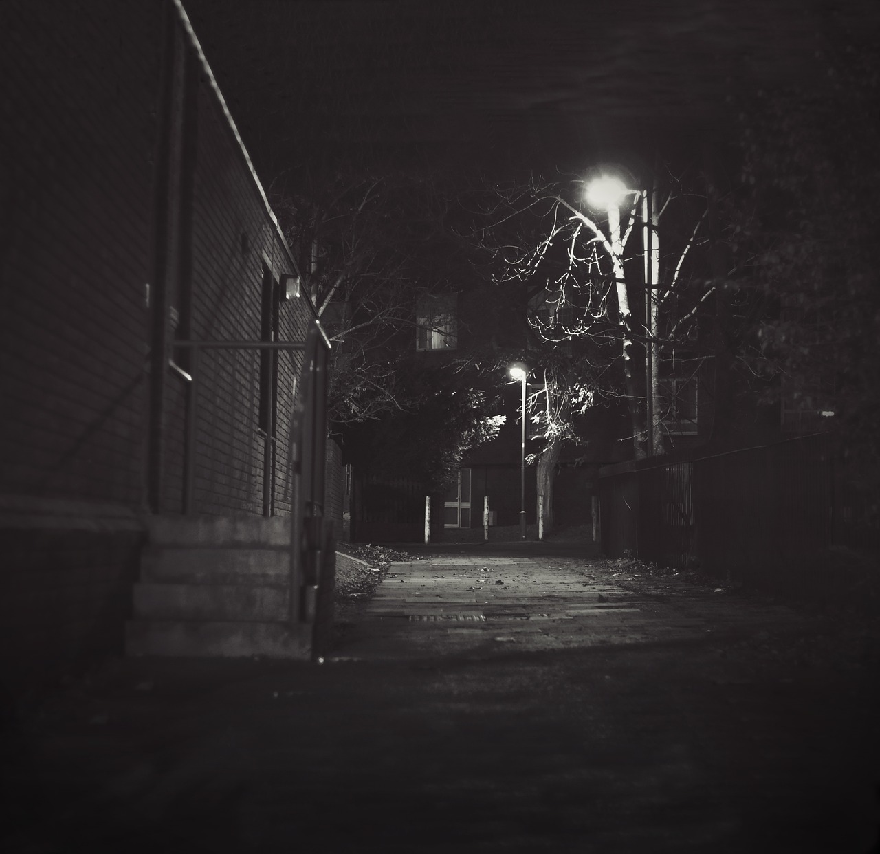 a black and white photo of a street at night, a black and white photo, by Andrew Domachowski, tumblr, realism, backyard, eerie ”, impending doom in an alleyway, eerie glow