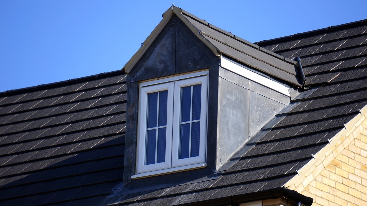 a close up of a roof with a window, a screenshot, modernism, exterior photo, an estate agent listing photo, high details photo, low angle photo