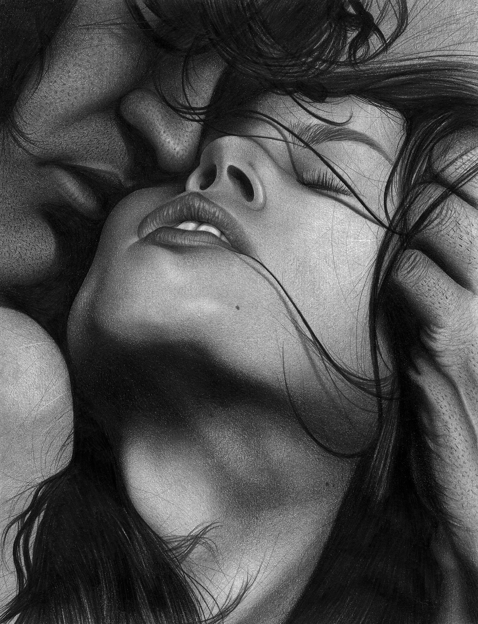 a black and white drawing of a man and a woman, tumblr, photorealism, dreaming of kissing a girl, close face view, beautiful detailed body and face, luscious lips