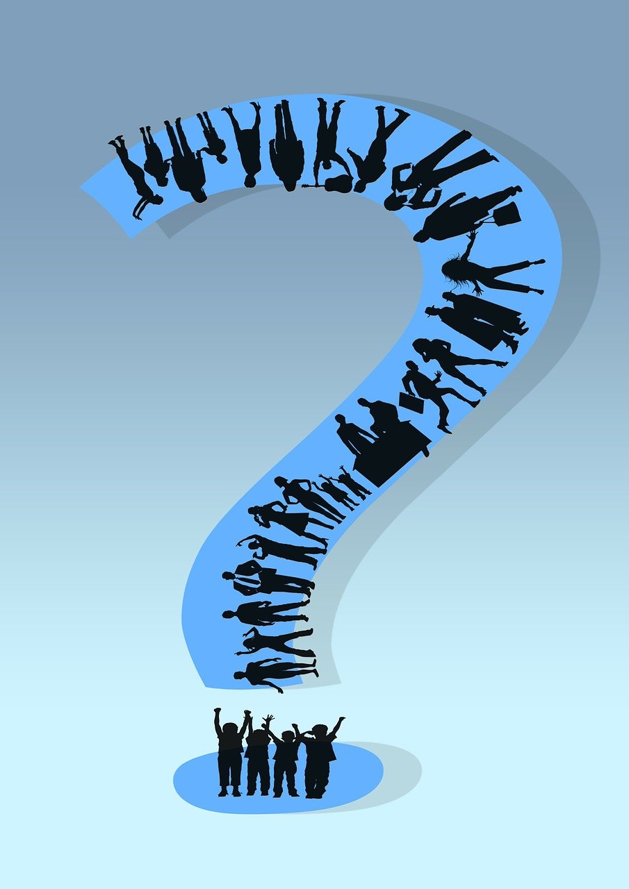 a group of people standing in front of a question mark, an illustration of, by David Burton-Richardson, shutterstock, conceptual art, blue - print, encyclopedia illustration, busy crowds, various posed