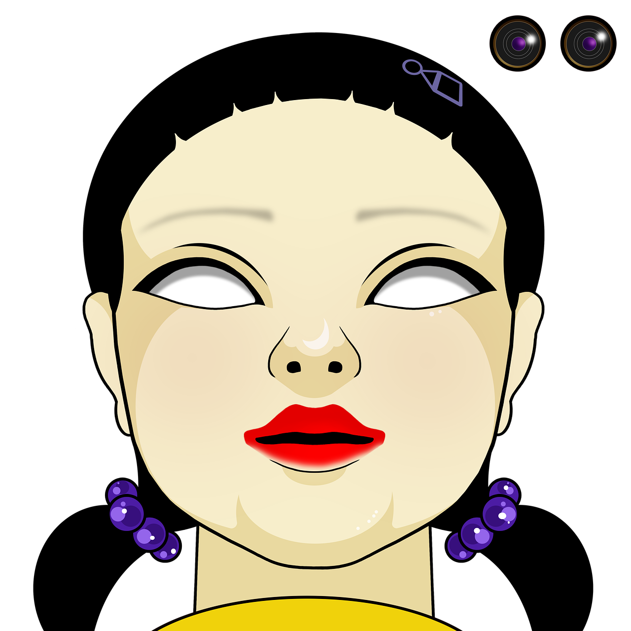 a woman with purple earrings and a yellow shirt, inspired by Ayako Rokkaku, plastic doll, created in adobe illustrator, black dress : : symmetrical face, nighttime