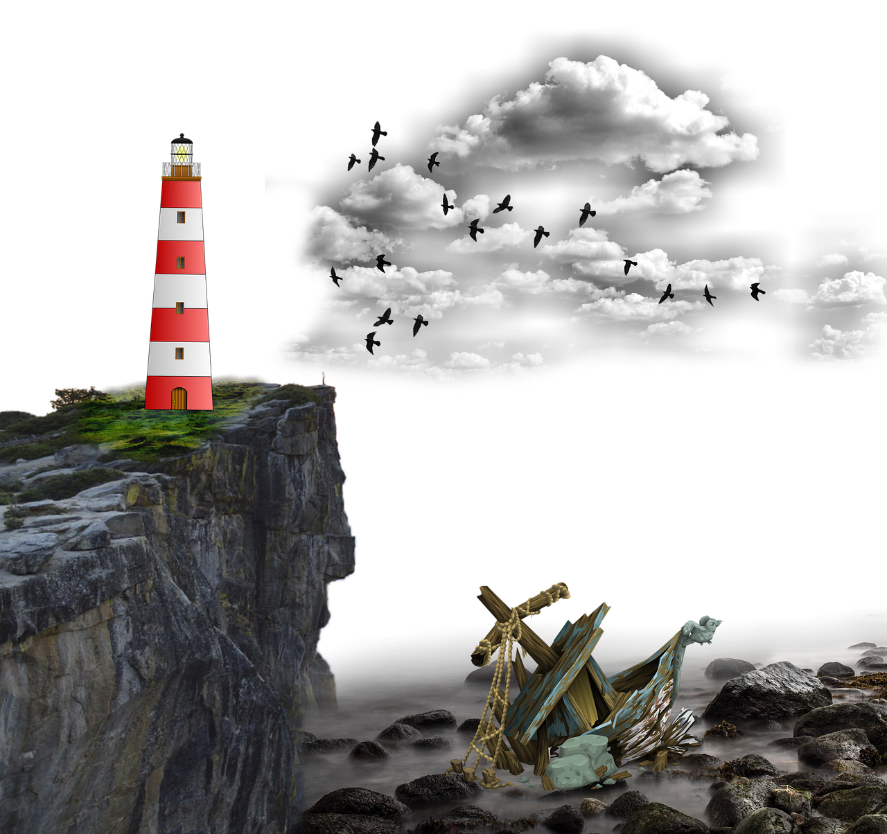 a red and white lighthouse sitting on top of a cliff, a digital rendering, inspired by Yves Tanguy, surrealism, dark sky, diorama picture, fishing, merlin