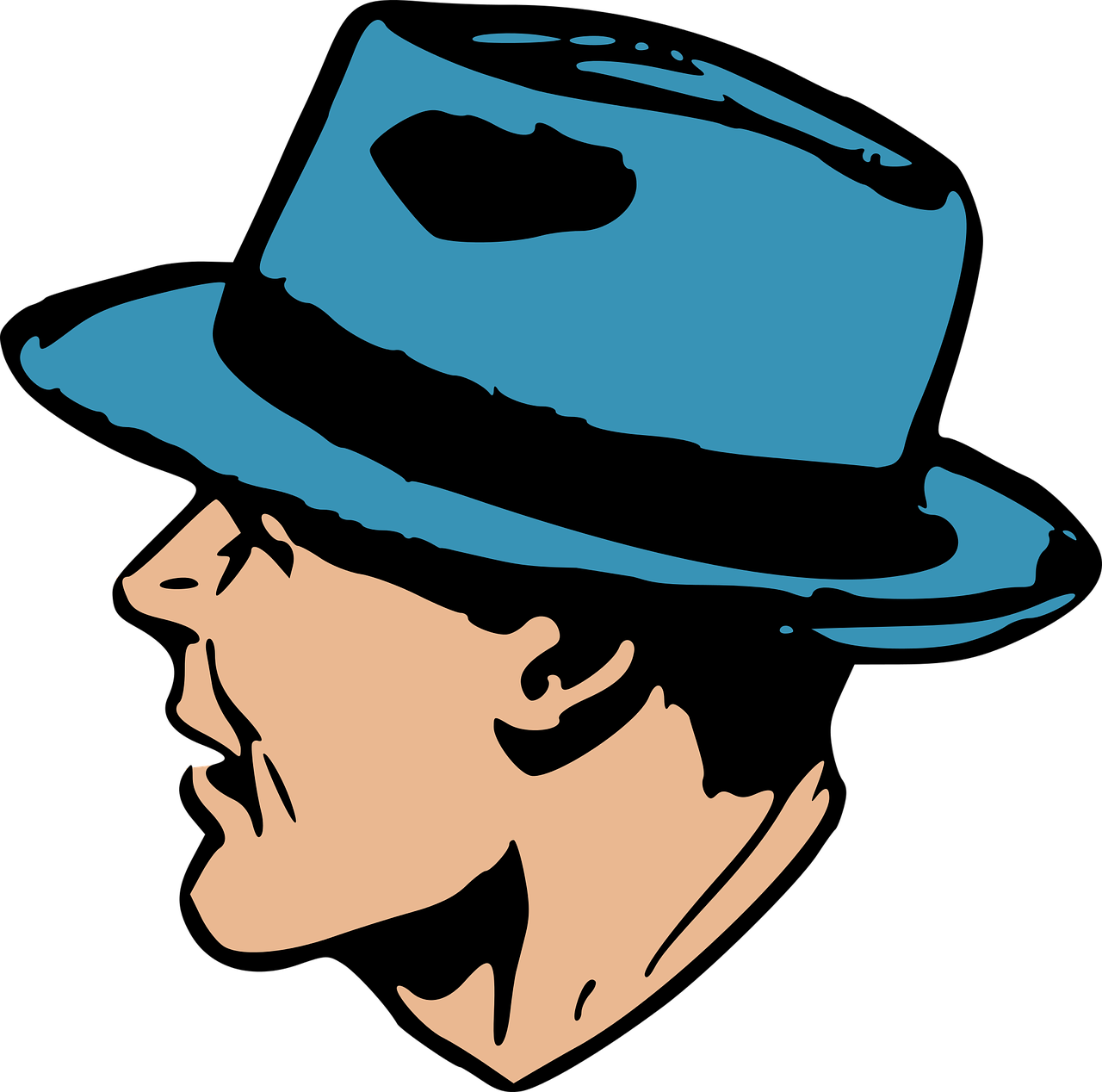 a close up of a person wearing a hat, vector art, by Allen Jones, pixabay, digital art, blue woodcut print cartoon, jack nicholson, on a flat color black background, looking to his left