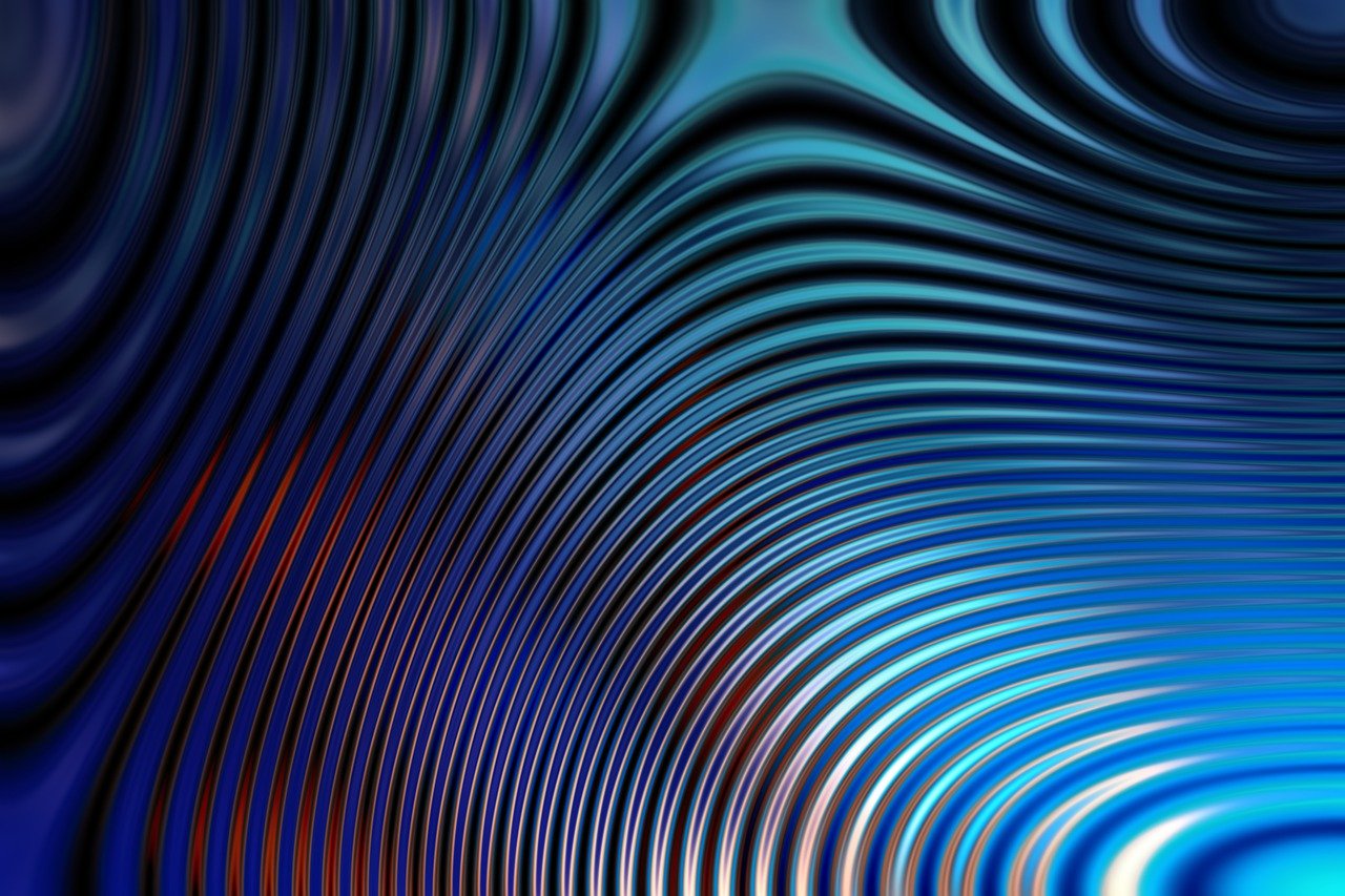 a close up of a blue and black background, abstract illusionism, fractal wave interference, azure and red tones, rounded lines, soft lighting gradient. no text