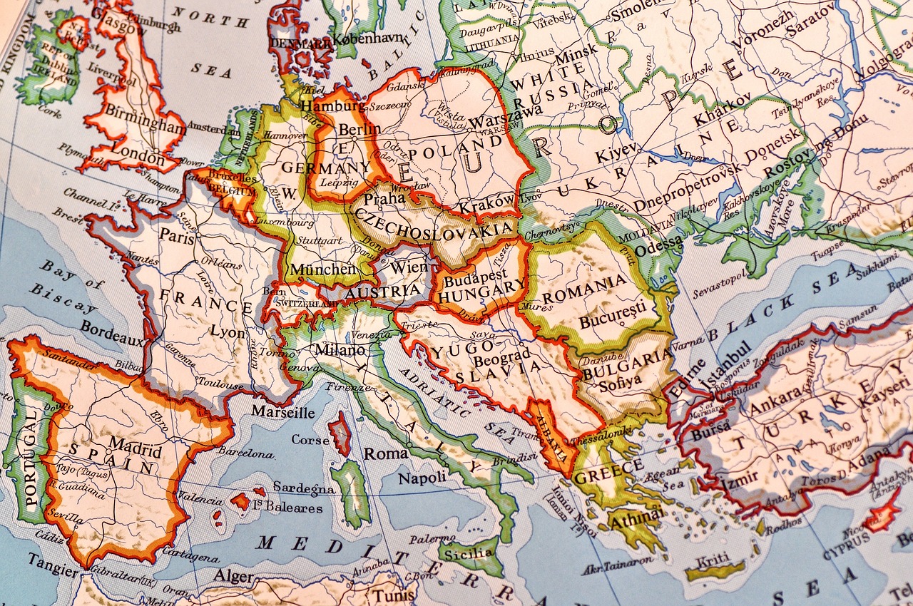 a close up of a map of europe, a photo, by Eugeniusz Zak, regionalism, medium detail, ornately detailed, ebay photo, wikimedia