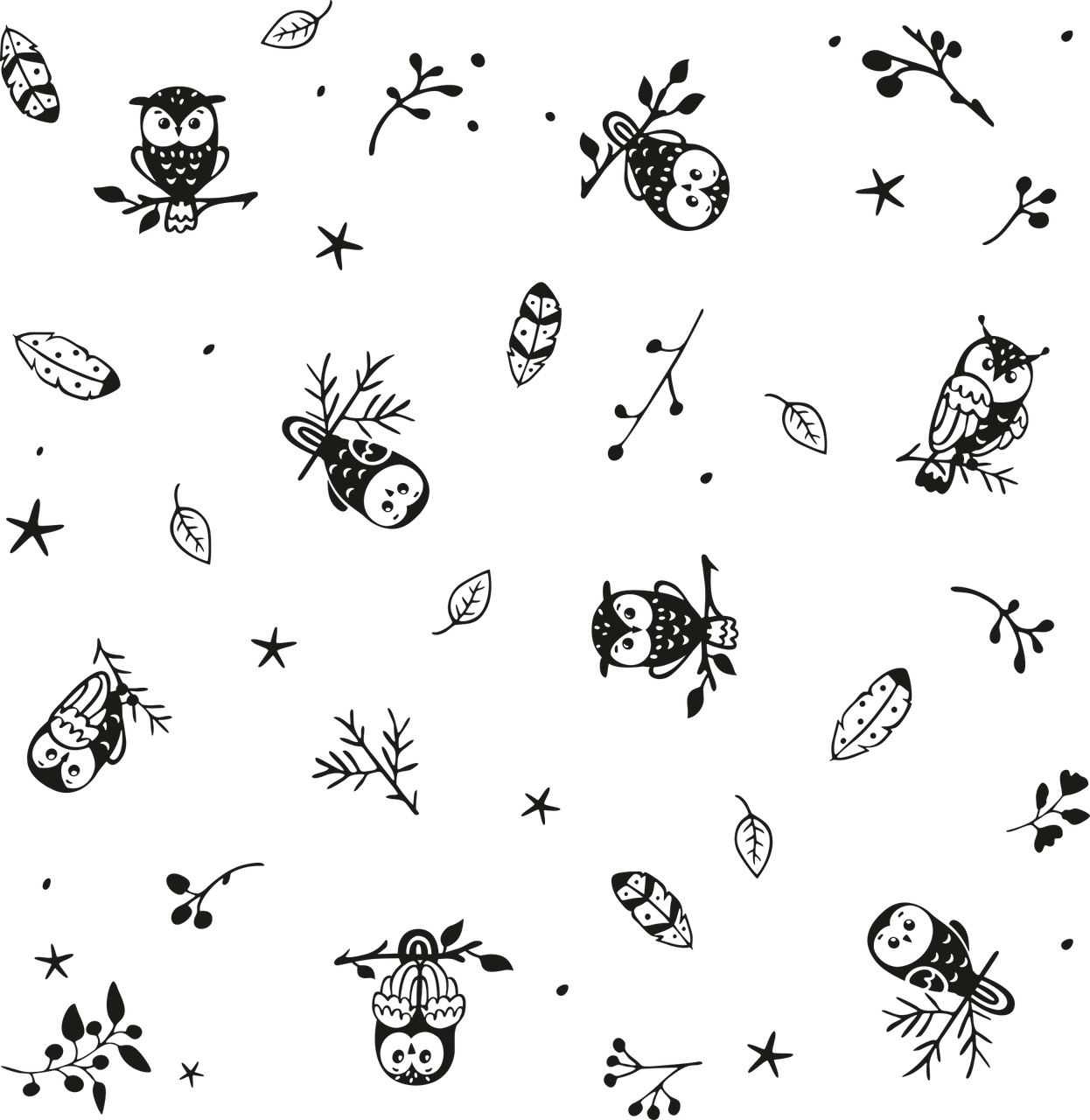 a bunch of drawings on a black background, art deco, night forest background, owls, tileable, background ( dark _ smoke )