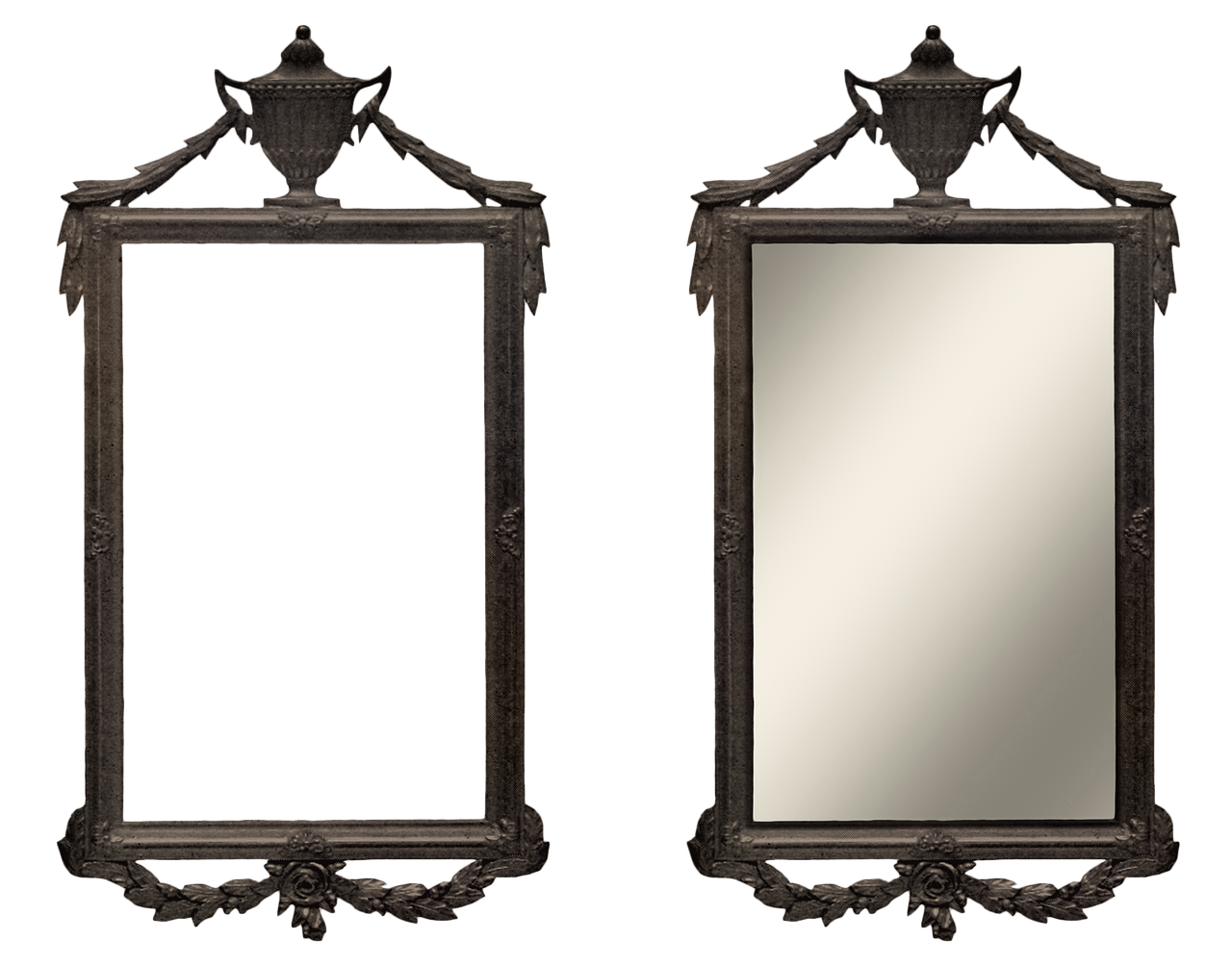 a couple of mirrors sitting next to each other, a digital rendering, by George Barret, Jr., polycount, baroque, gilbert stuart style, old film overlay, front and back view, frame