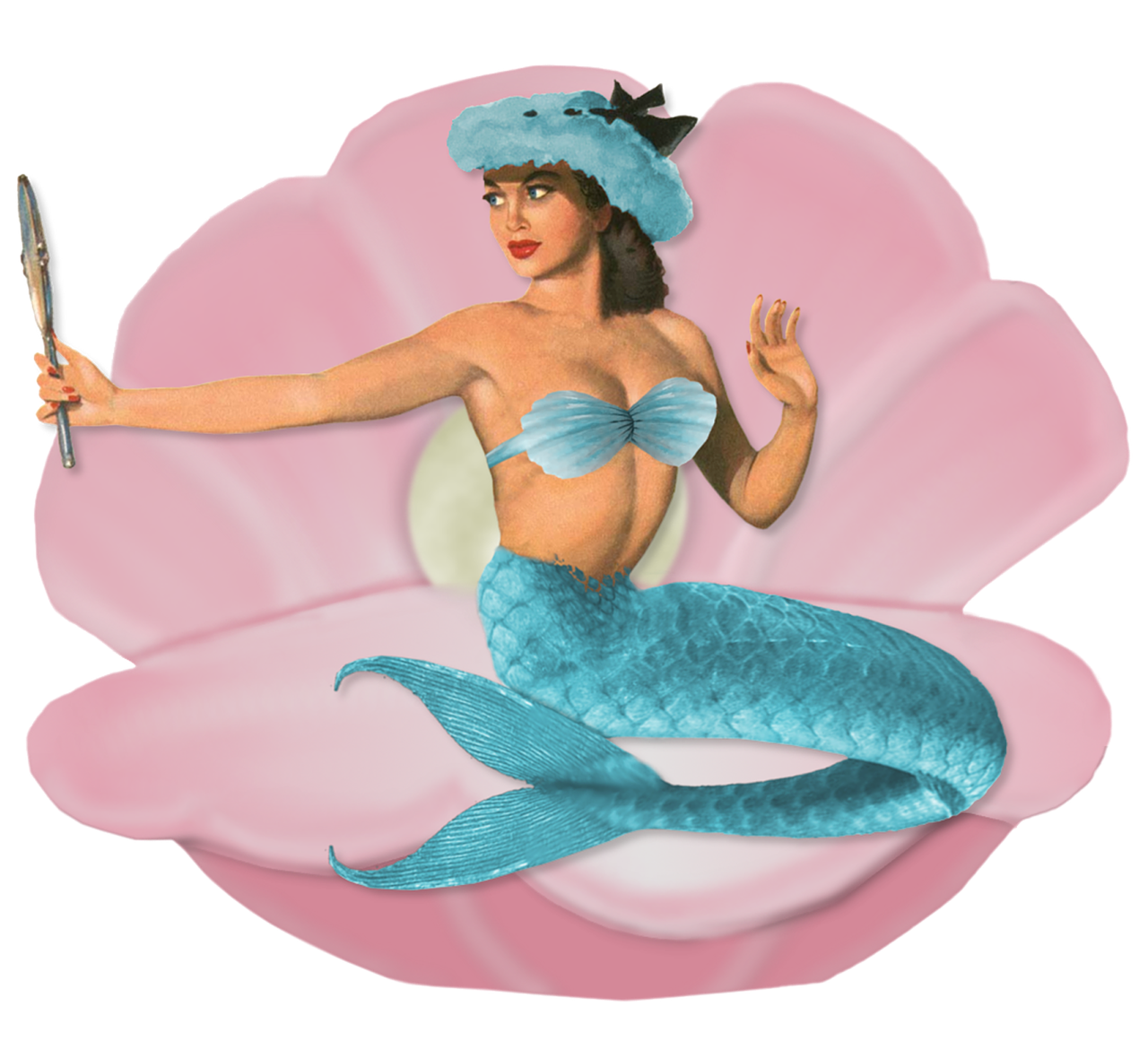 a woman in a blue bikini sitting on a pink shell, a digital rendering, inspired by Bunny Yeager, deviantart, mermaids and fish, flower, addams, by :5 sexy: 7