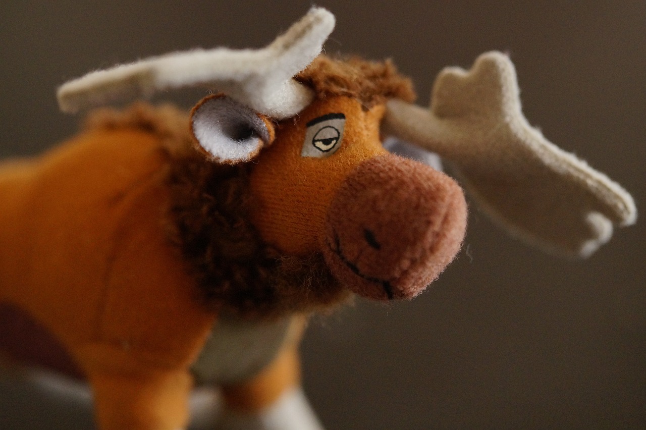 a close up of a stuffed animal on a table, a macro photograph, by Jaakko Mattila, unsplash, moose, highly detailed toy, felt, ready to model