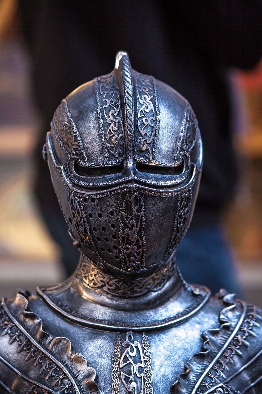 a close up of a helmet on a statue, by Walenty Wańkowicz, shutterstock, renaissance, the dark souls knight, closeup photo at nyc comicon, very detailed medieval, close up shot of an amulet