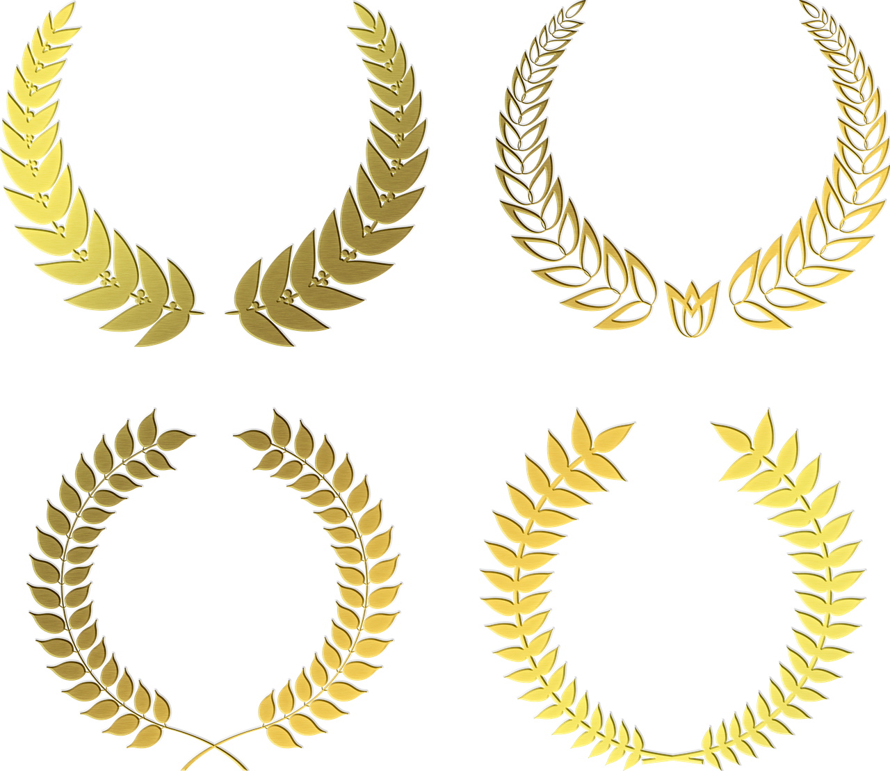 a set of four golden wreaths on a black background, vector art, pixabay, computer art, metal award winning, laurels of glory, clean cel shaded vector art, very detailed leaves