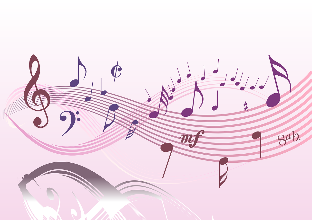 a group of musical notes on a pink background, an illustration of, by Nishida Shun'ei, flickr, arabesque, flowing material, wide horizon, smooth in _ the background, with notes