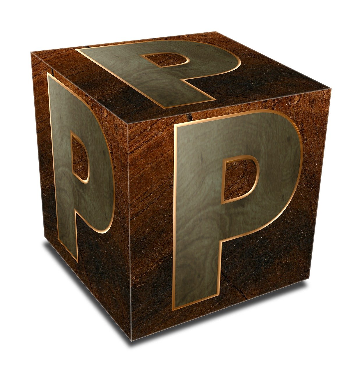 a wooden block with the letter p on it, a digital rendering, by Patrick Pietropoli, private press, photorealistic!, partially gold, cubic blocks, box