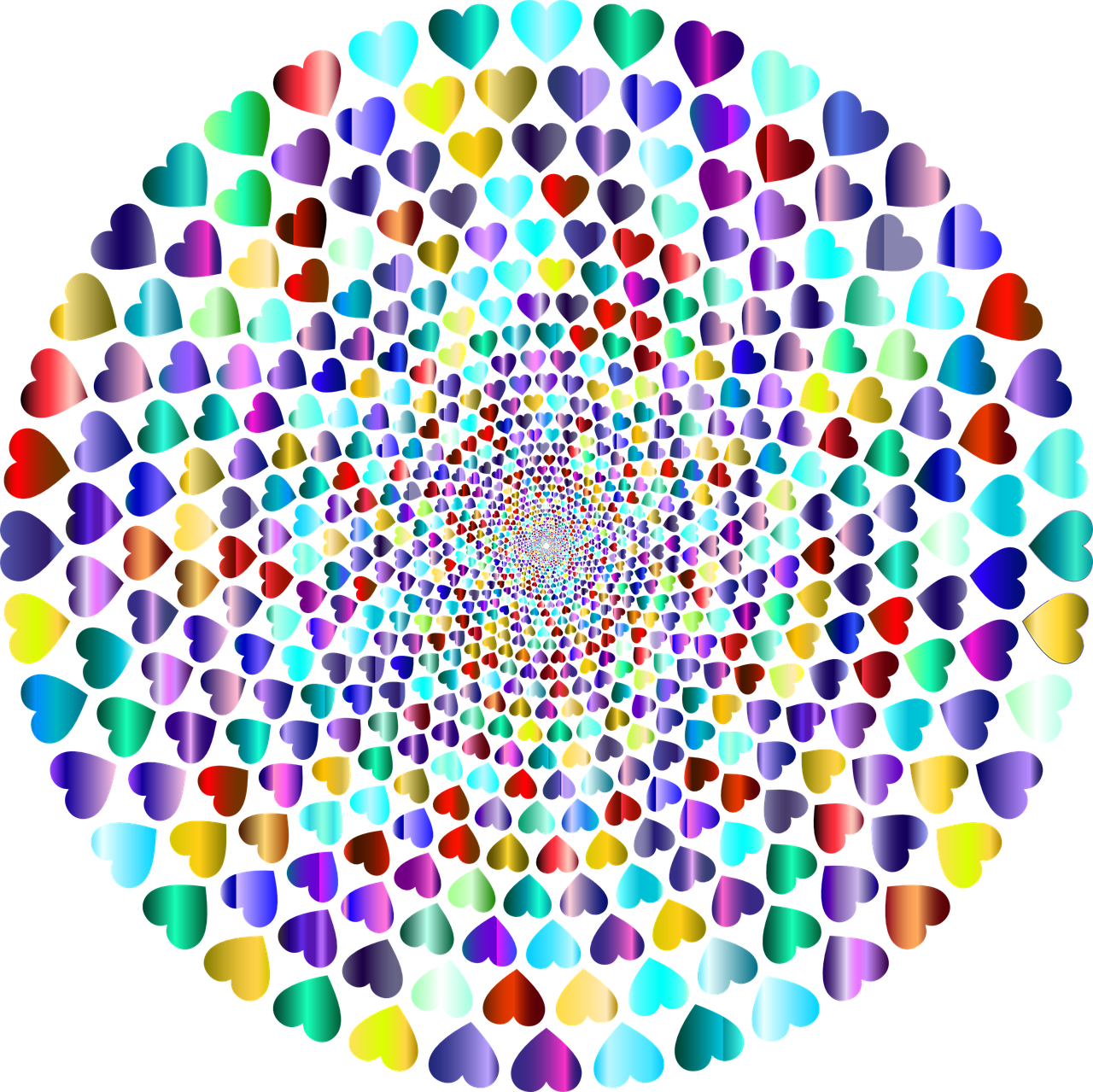 multicolored hearts arranged in a circle on a black background, a raytraced image, by Jon Coffelt, computer art, lsd waves, bejeweled, mc escher tessellation, fibonacci rhythm