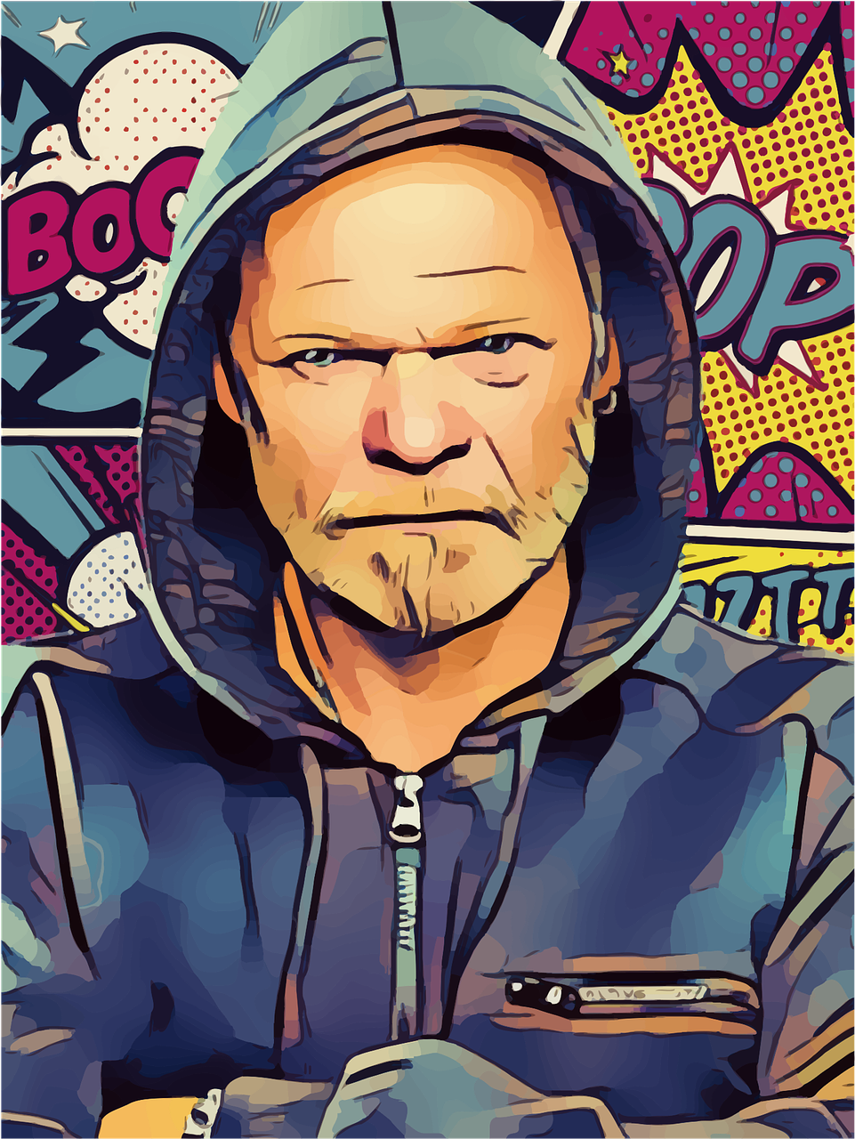 a close up of a person wearing a hoodie, vector art, inspired by Dick Bickenbach, pop art, he is a mad old man, graffiti art style, low polygons illustration, comic book's cover