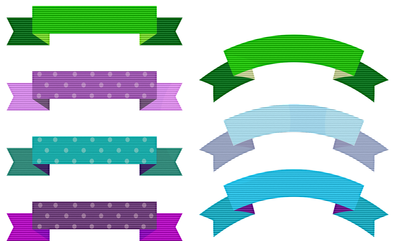 a bunch of different colored ribbons on a black background, a digital rendering, inspired by Masamitsu Ōta, spritesheet, purple green color scheme, polka dot, banners
