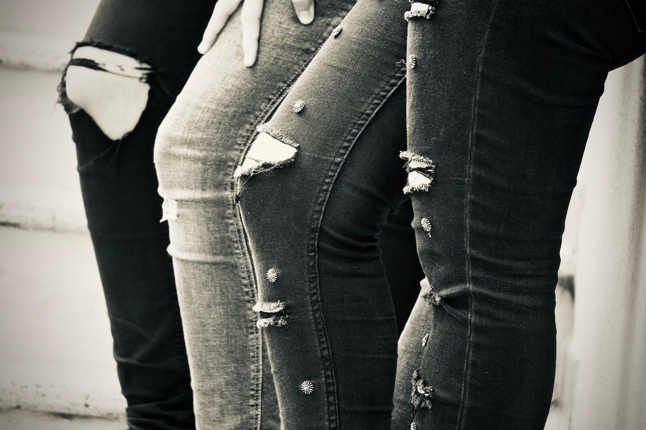a couple of women standing next to each other, a black and white photo, by Amelia Peláez, pexels, ripped jeans, rivets, detail texture, in a row