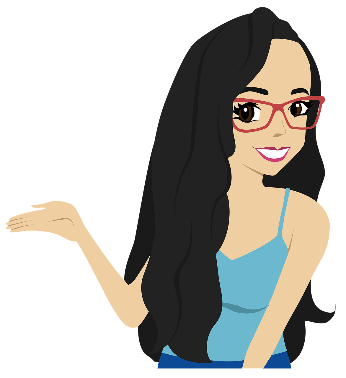 a woman with glasses holding out her hand, an illustration of, inspired by helen huang, shutterstock, long free black straight hair, cartoon style illustration, on a flat color black background, wikihow illustration
